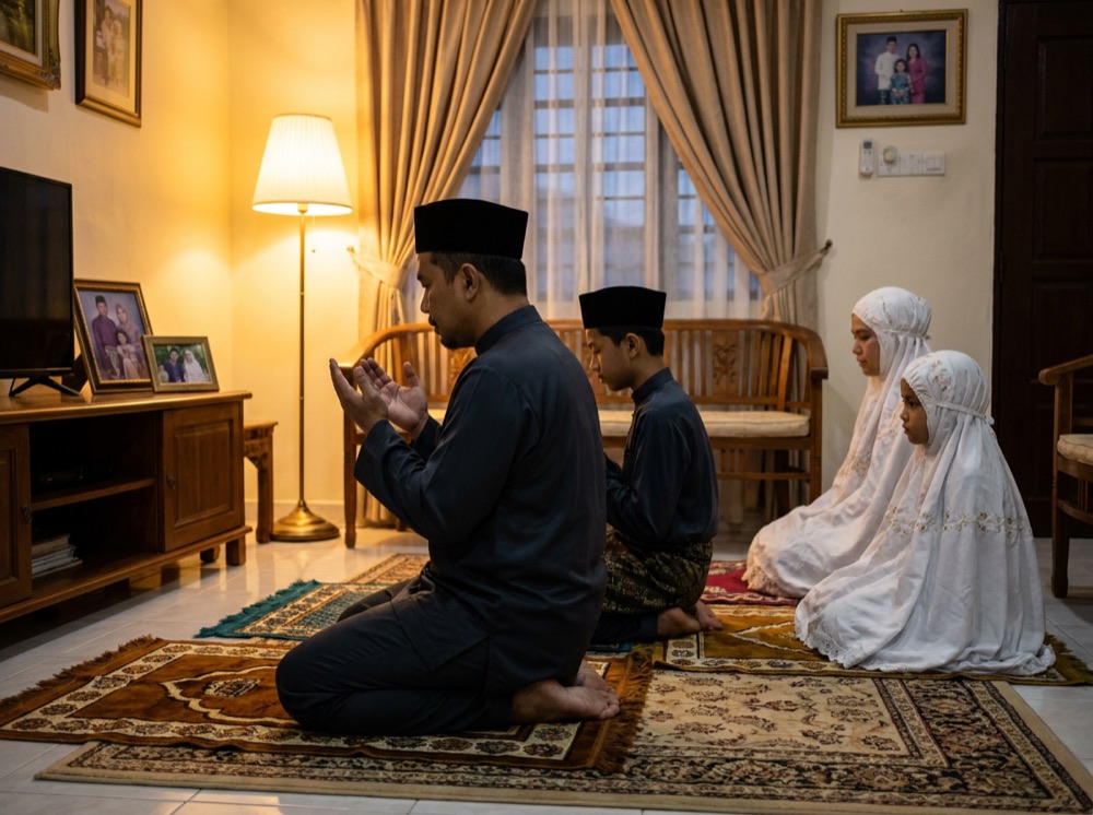 Seorang bapa mengimamkan solat bersama anak dan isteri di rumah