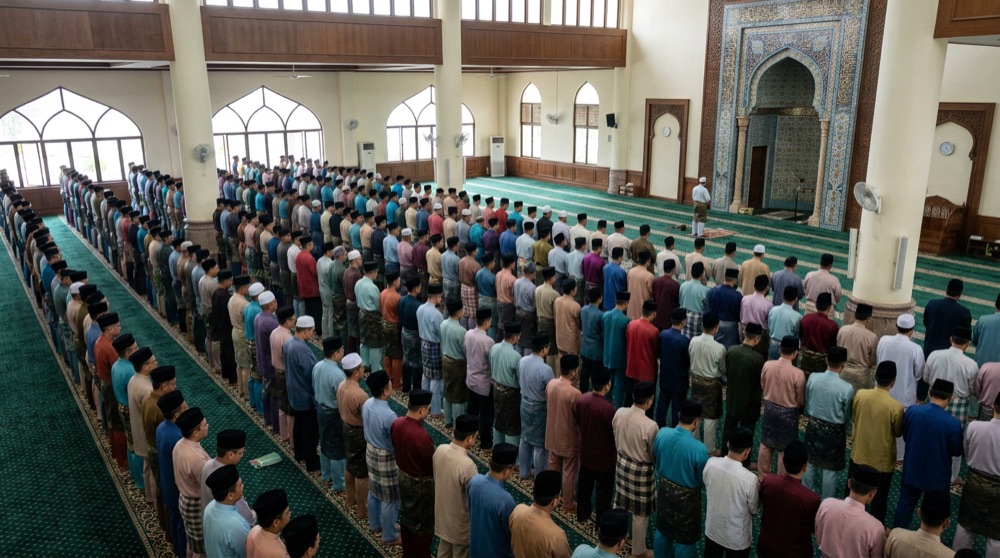 Jemaah lelaki berdiri dalam saf yang lurus di dalam masjid